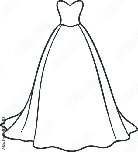 A beautiful wedding dress design in a minimalist black and white outline vector style, ideal for fashion illustrations and bridal design projects