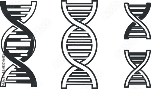 A set of DNA double helix illustrations in black and white vector style, suitable for scientific and educational purposes