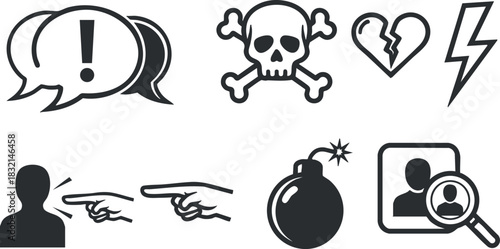 A collection of communication and danger-themed icons including speech bubbles, skull, broken heart, lightning bolt, and bomb in black and white vector style, suitable for graphic design projects