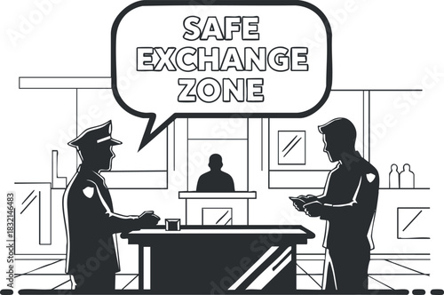 A police officer and a citizen engaging in a transaction in a safe exchange zone in black and white vector style, suitable for community safety awareness campaigns