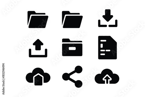 Collection of nine black computer icons representing file management and cloud services