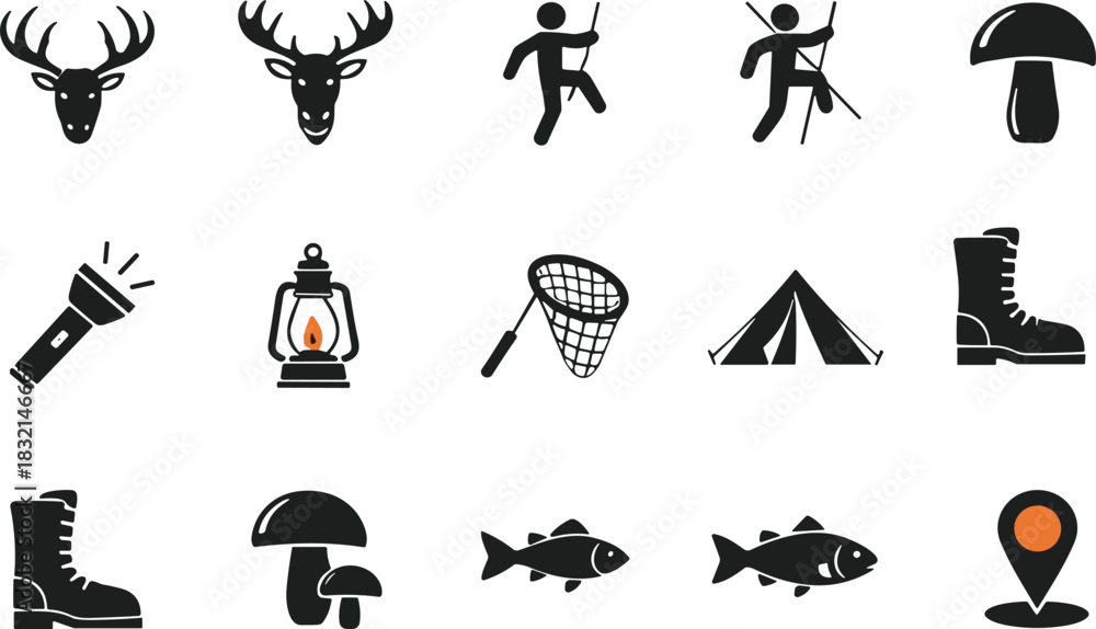 Naklejka premium Collection of black outdoor activity and nature icons on white background deer head