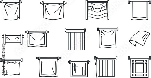 A collection of various curtain designs in clean outline vector style, suitable for home decor and interior design projects