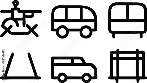 Various outline icons of transportation modes including helicopter, van, car, and road sign, travel symbols.