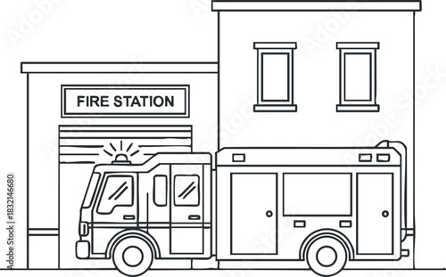 A fire station with a fire truck in a black and white outline vector style, ideal for emergency services illustrations