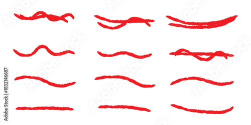 Line marker red underline set. Hand drawn red pen and brush stroke with underline accent, swoosh detail and squiggly sketch mark. vector set