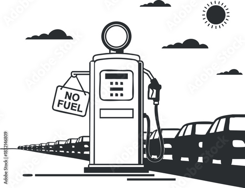 A vintage gas station pump with a 'No Fuel' sign in black and white vector style, ideal for transportation and energy-related projects