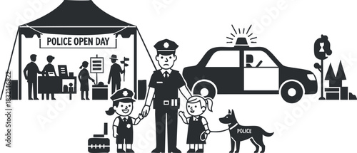 A community police open day scene featuring officers, children, and a police car in a flat monochrome vector style, ideal for educational materials and community outreach.