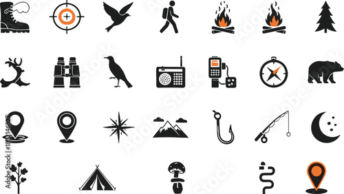 Collection of outdoor adventure and nature icons in black and orange camping hiking