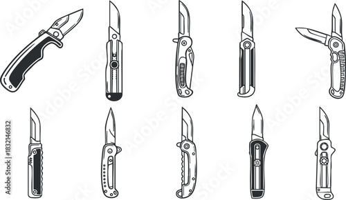 A collection of various knife designs including folding and fixed blades in black and white minimalist vector style, ideal for tools and equipment branding
