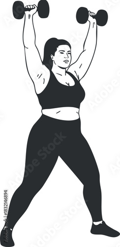 A woman lifting dumbbells overhead in a bold black and white vector style, ideal for fitness and wellness projects