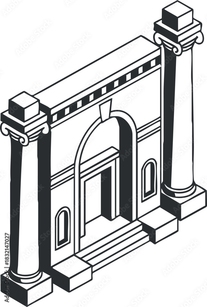 Fototapeta premium An isometric illustration of a classic architectural archway with columns in black and white outline vector style, suitable for design projects and educational materials