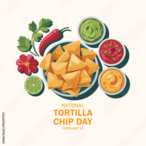 National Tortilla Chip Day vector. Chips and dips vector. Bowl of corn chips and garnish icon vector. Nachos tortilla chips and salsa sauce illustration. February 24. Important day