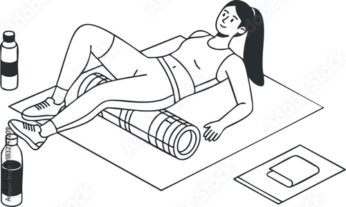 A woman performing foam rolling exercises on a yoga mat in minimalist black and white vector style, suitable for fitness and wellness themes