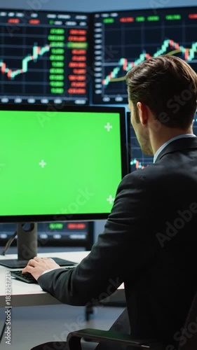 Business professional looks at trading graphs on multiple screens, one green screen