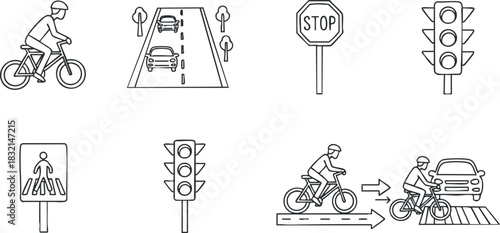 A collection of cycling-related traffic symbols and signs in minimal outline vector style, ideal for urban planning and education