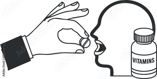 A hand offering vitamins to a mouth silhouette in black and white outline vector style, ideal for health and wellness projects