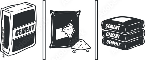 A set of cement bags and packaging illustrations in black and white outline vector style, ideal for construction and building materials design