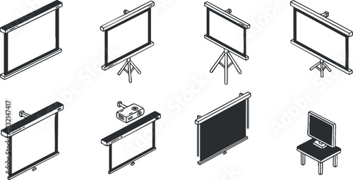 A set of projector screens and related equipment in black and white outline vector style, ideal for educational and business presentations