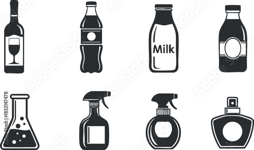 A collection of various bottle icons including wine, soda, milk, and cleaning spray in black and white minimalist vector style, ideal for packaging design and branding