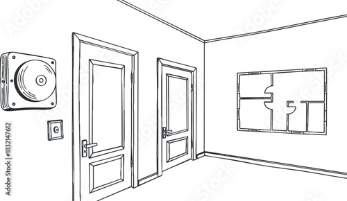 An outline sketch of an empty room featuring two doors and a wall mounted speaker in minimalist vector style, ideal for architectural design projects