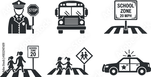 A collection of school safety icons including a police officer, school bus, and traffic signs in black and white vector style, suitable for educational materials and safety campaigns