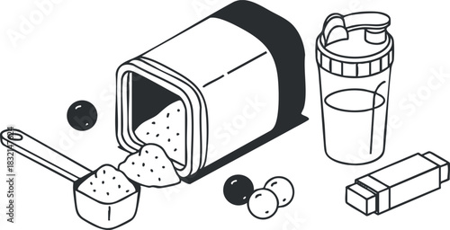 A container of sugar with a scoop and a shaker bottle in minimalist outline vector style, ideal for fitness and nutrition branding
