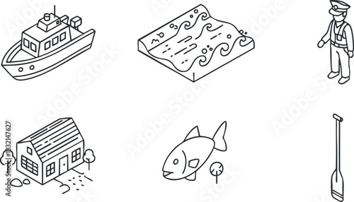 A collection of nautical themed vector illustrations including a fishing boat, sailor, fish, water waves, and a cabin.