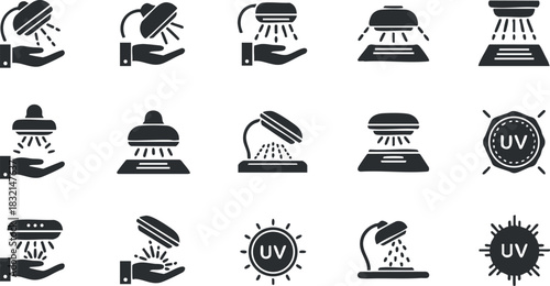 A collection of ultraviolet light icons featuring hands and devices in black and white vector style, suitable for health and safety applications