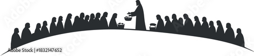 A silhouette of a crowd gathered around a figure offering food in black and white vector style, suitable for social and community outreach themes