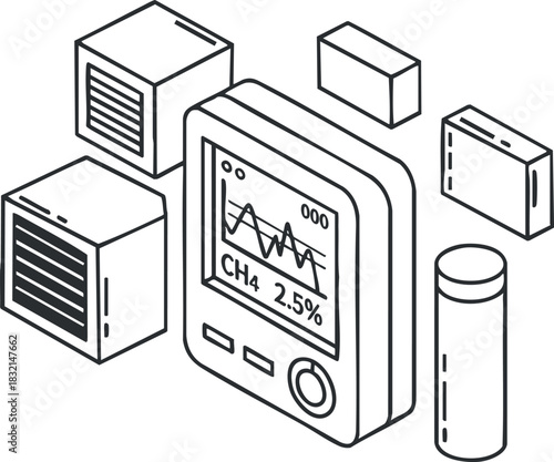 A digital gas monitor displaying CH4 levels in a minimalist black and white vector style, suitable for industrial and environmental applications