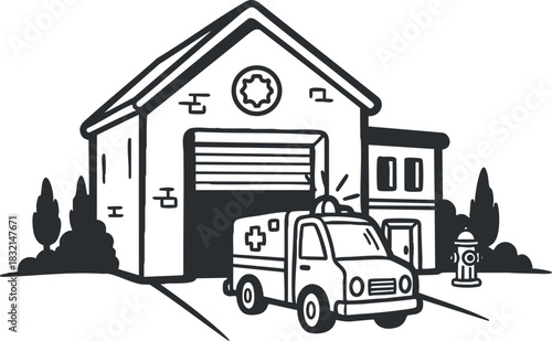 An ambulance parked in front of a fire station in black and white outline vector style, suitable for emergency services graphics
