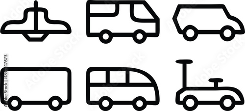 Line art icons of various transport vehicles including airplane, helicopter, bus, and delivery vans