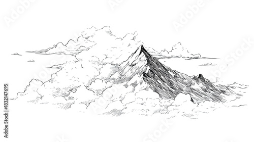 Mountain Drawing with Sky and Clouds Background Vector Illustration