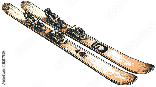 Professional Vector Drawing of Skis with Number 5 - Skiing Equipment Illustration