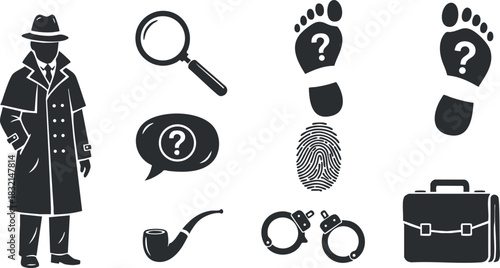 A collection of detective-themed icons including a silhouette, magnifying glass, footprints, and handcuffs in black and white vector style, perfect for mystery-themed projects