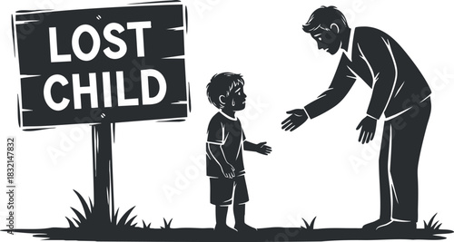 A silhouette of a man reaching out to a lost child next to a lost child sign in black and white vector style, ideal for community safety campaigns