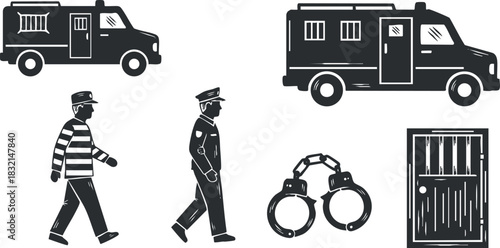 A collection of law enforcement elements including a police officer, handcuffs, patrol vehicles, and a prison door in black and white vector style, suitable for legal and security themes