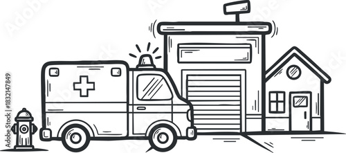 An ambulance parked in front of a fire station and house in a black and white line art vector style, suitable for emergency service illustrations