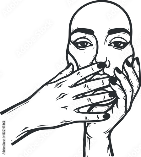 A stylized illustration of a hand covering a face in minimalist outline vector style, suitable for artistic and conceptual projects