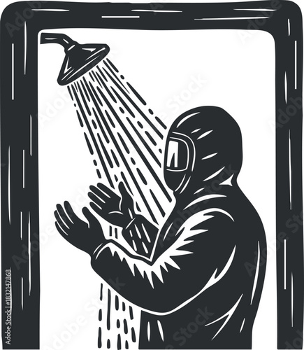 A person in protective gear taking a shower under a showerhead in black and white outline vector style, suitable for healthcare and safety illustrations