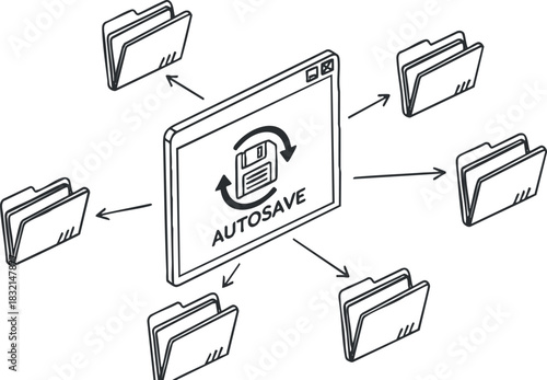 An illustration of an autosave feature represented by a computer screen and folders in outline vector style, ideal for tech and software design
