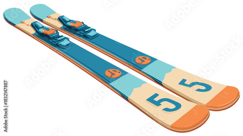 Illustration of Skis with Number 5 on Front Ski for Winter Sports Design