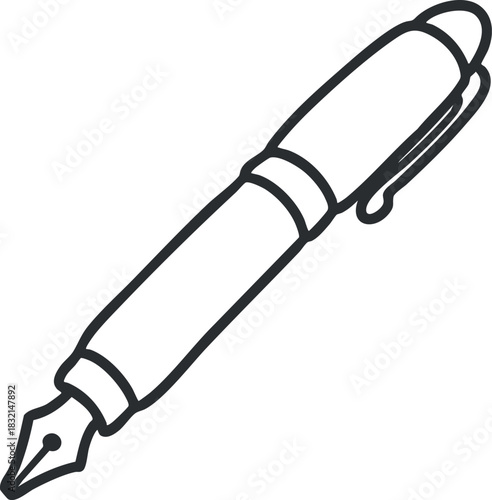 A fountain pen illustration in black and white minimalist outline style, ideal for creative and educational projects