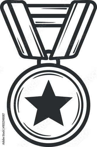 A medal featuring a star design in black and white outline vector style, ideal for awards and achievements