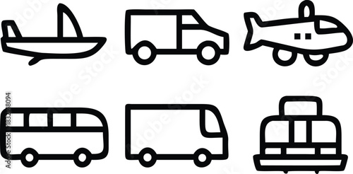 Set of outlined transportation vehicle icons including car, van, bus, scooter, and drone on white.