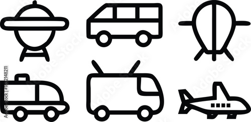 Set of transportation and futuristic vehicle outline icons including van, airplane, and ufo
