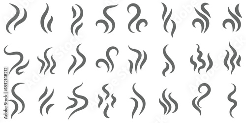 Smoke steam icon vector logo set. Smoke smell, steam aroma heat icon illustration. Hot vapor fire doodle line logo. Hit stink, coffee, fragrance flame elements. Vector illustration