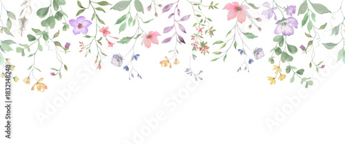 Canvas Print Delicate watercolor floral seamless border with wildflowers