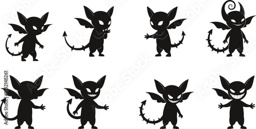 Cartoon Devil Creature Silhouettes with Wings, Horns, and Tails, Black Figures in Stylized Poses, Fantasy Character Design, Mischievous Expression